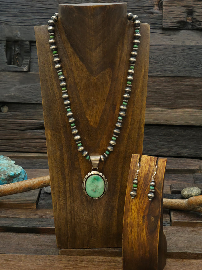 Green Turquoise Oxidized Sterling Silver Bead Necklace and Hook Dangle Earring Set - 18 in.