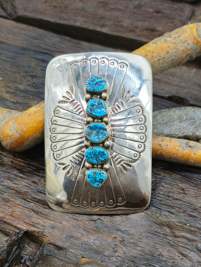 Stamped Sterling Silver and Turquoise Belt Buckle by Jolene Begay - 3" by 2"