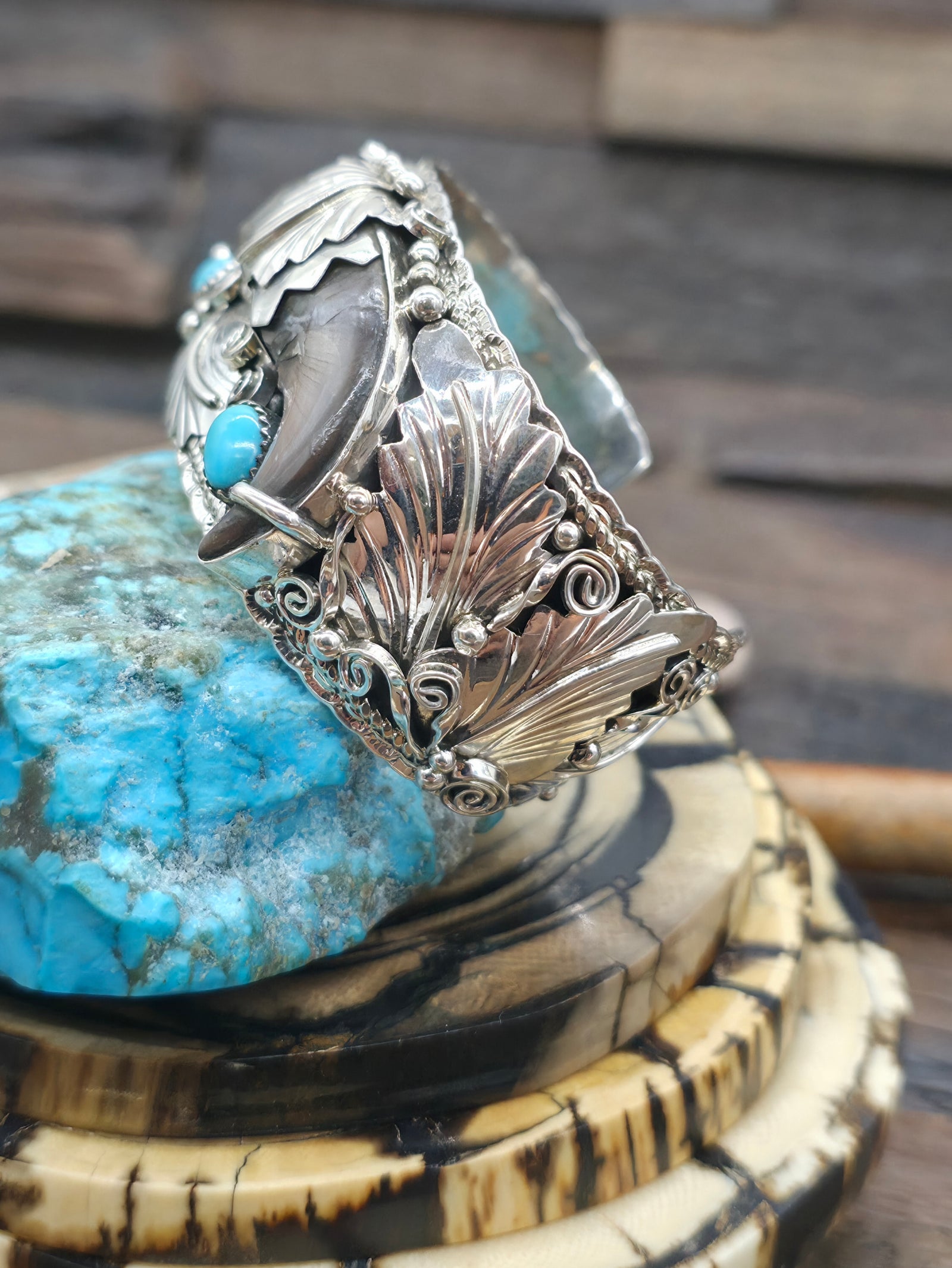 Sterling Silver Leaf Applique Cuff with Bear Claws and Turquoise  - 6 3/4 in. with Gap