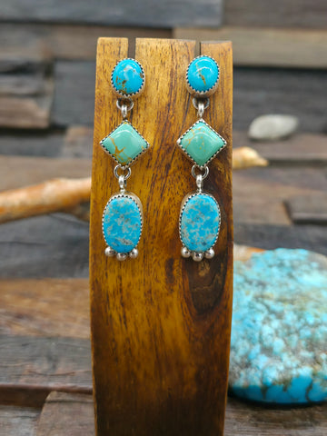 Sterling Silver Green Turquoise Turtle Earrings - 1 in. by 1/2 in.