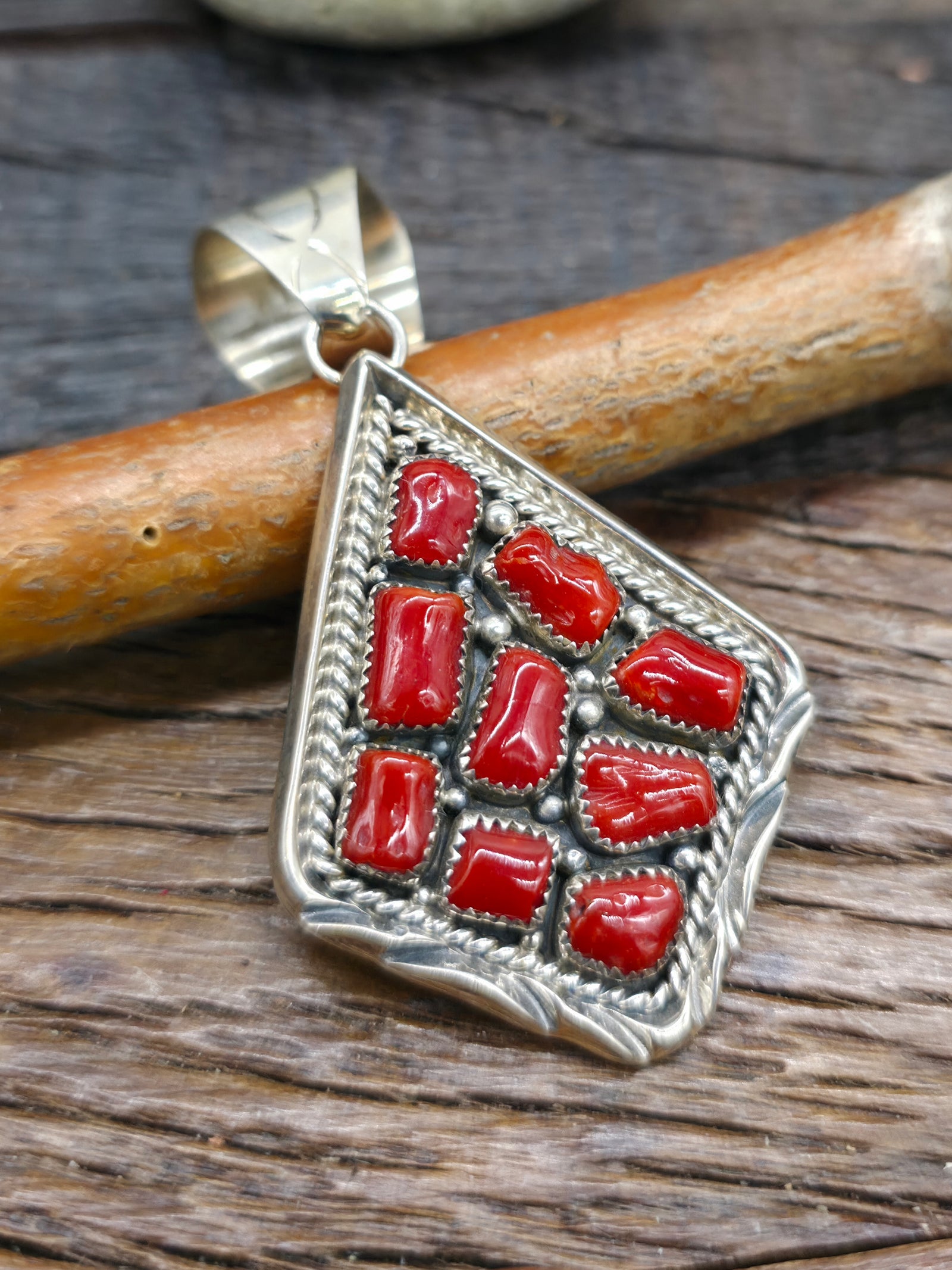 Sterling Silver Coral Angular Cluster Pendant by A. Spencer - 3 in. by 1 1/2 in.