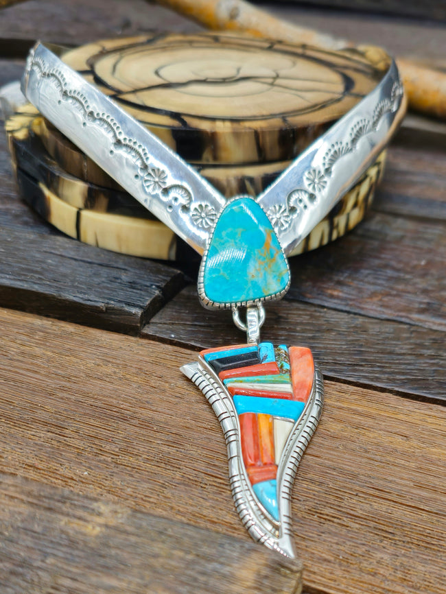 Sterling Silver Stamped Collar Necklace with Cobblestone Inlay Pendant by David Tune - 15 in.