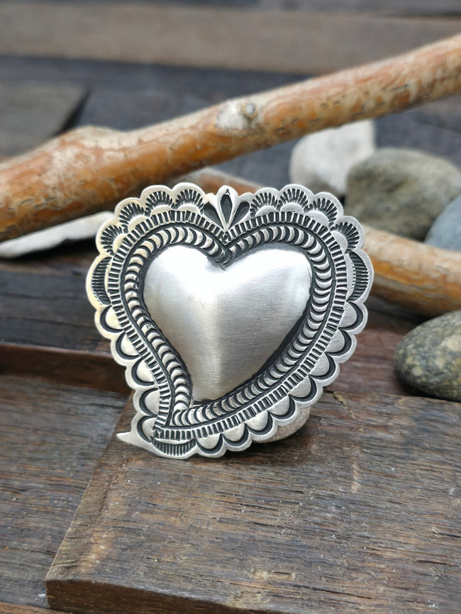 Adjustable Heart Smooth Center Sterling Silver Ring by Leander Tahe