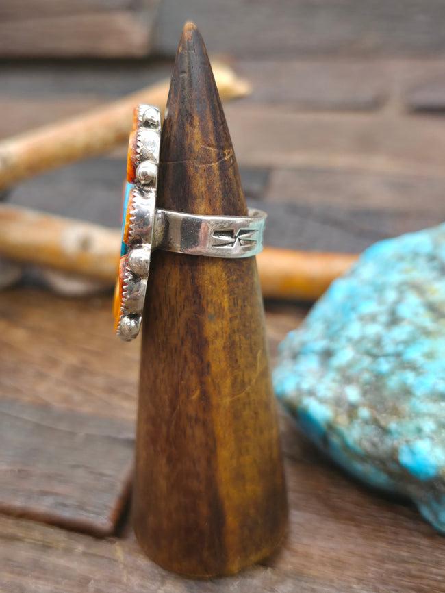 Sterling Silver Turquoise and Spiny Oyster Cluster Ring by Selena Warner - Size 8