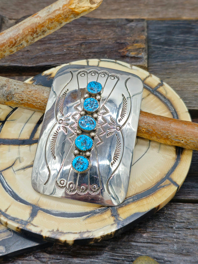 Stamped Sterling Silver and Turquoise Belt Buckle by Jolene Begay - 3" by 2"