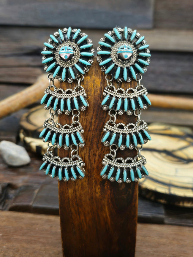 Turquoise Needlepoint Sun Face Chandelier Earrings by James Martin