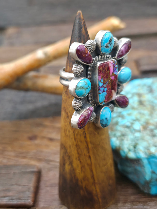Sterling Silver Turquoise and Mojave Composite Cluster Ring by Randall Enditto - Adjustable