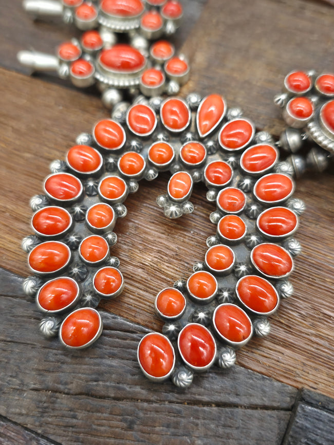 Sterling Silver Coral Squash Blossom Necklace and Earring Set by Freddy Maloney- 26 in.