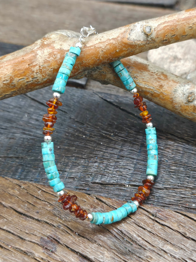 Sterling Silver Bead, Amber Nugget, and Turquoise Heishi Bracelet - 7 1/2 in.