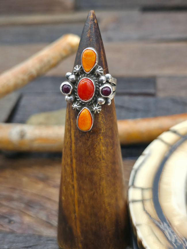 Coral and Orange and Purple Spiny Sterling Silver Ring by Linda Yazzie - Size 6 3/4