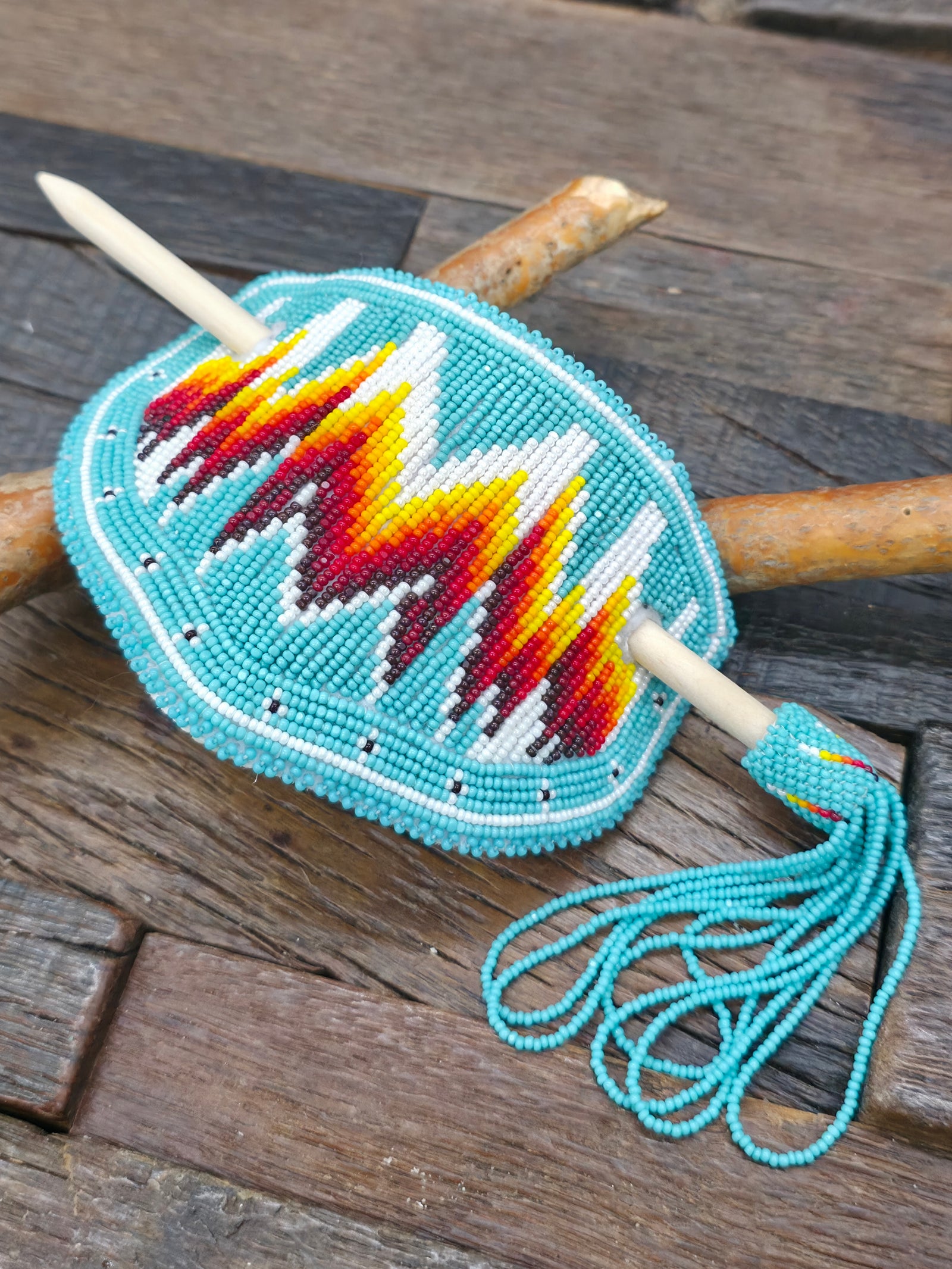 Turquoise and Red Bead Work Stick Barrette by Lena Siemy - 6 1/2 in. by 3 in.