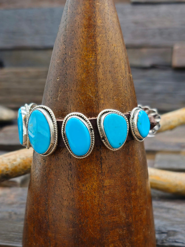Seven Stone Turquoise Leather Buckle Bracelet