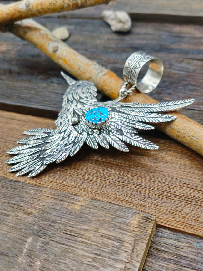Large Sterling Silver and Turquoise Hummingbird Pendant by Richard Singer