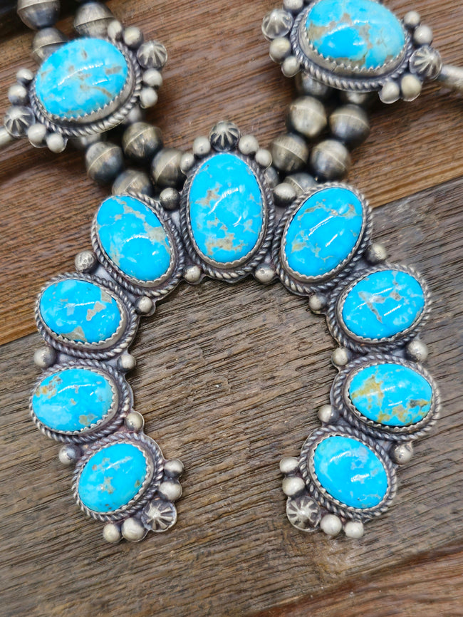 Blue Bird Turquoise Squash Blossom Necklace and Earring Set by LaRose Ganadanegro - 26 in.