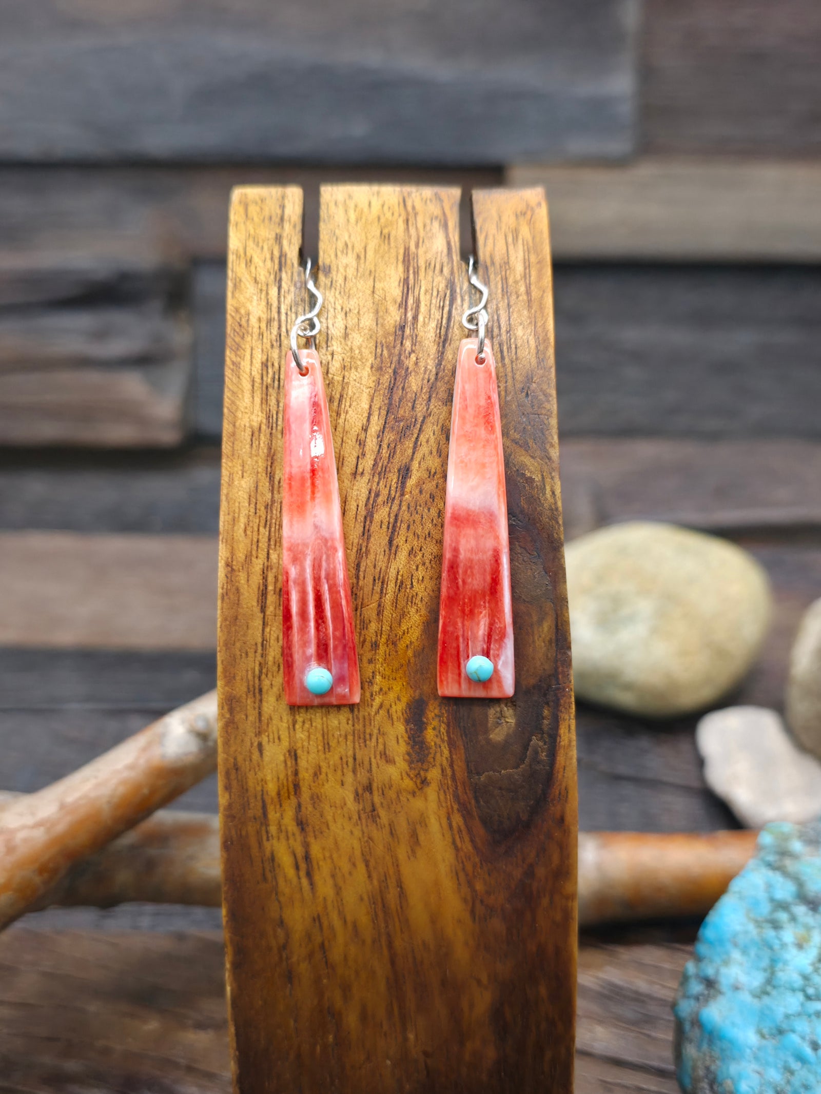 Red Spiny Oyster and Turquoise Dangle Earrings by Jesus Espino - 2 1/4 in by 3/8 in.