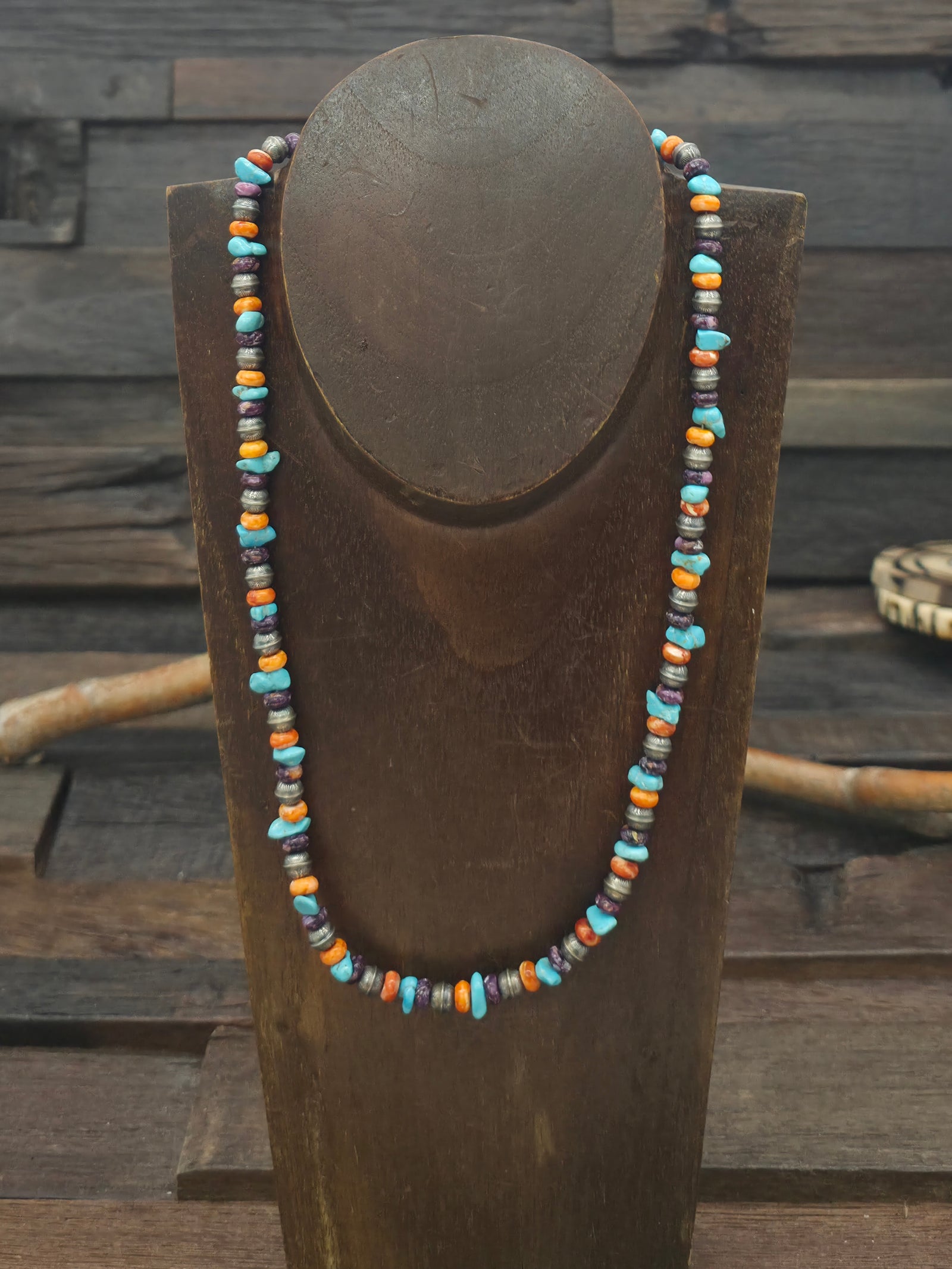 Sterling Silver, Orange and Purple Spiny, and Turquoise Bead Necklace - 20 in.