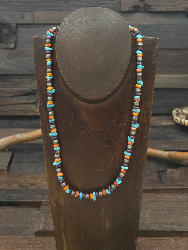 Sterling Silver, Orange and Purple Spiny, and Turquoise Bead Necklace - 20 in.