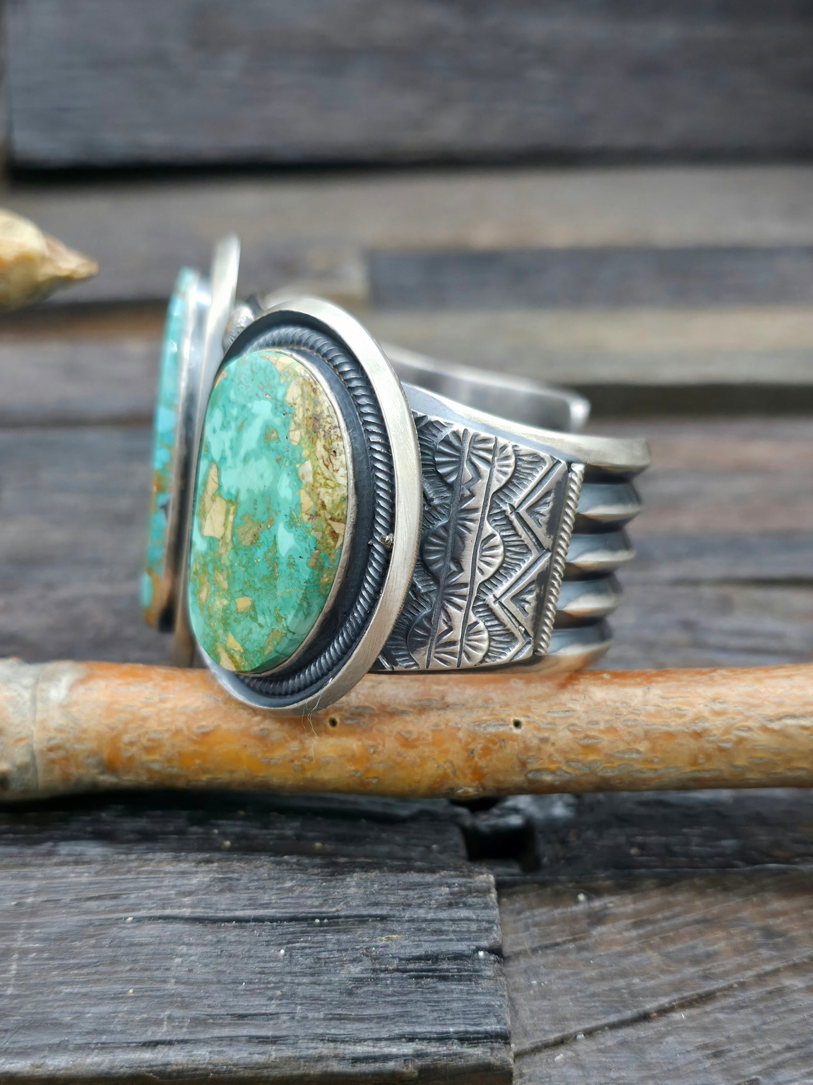 Three Stone Turquoise and Sterling Silver Cuff by Leon Martinez - 7 in.