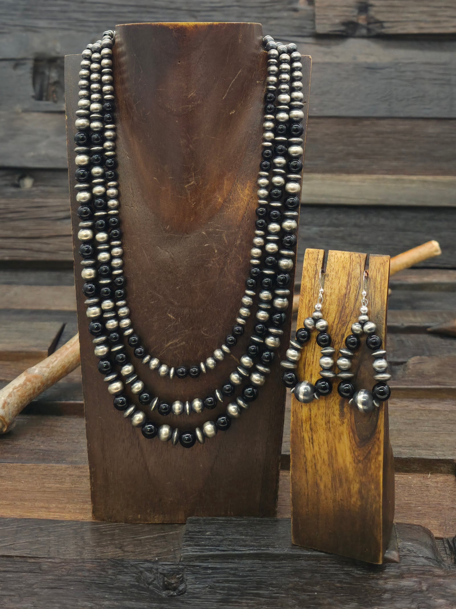 Three Strand Oxidized Sterling Silver and Onyx Bead Necklace and Earring Set by Geneva Apachito - 18 in. plus 3 in. Extender