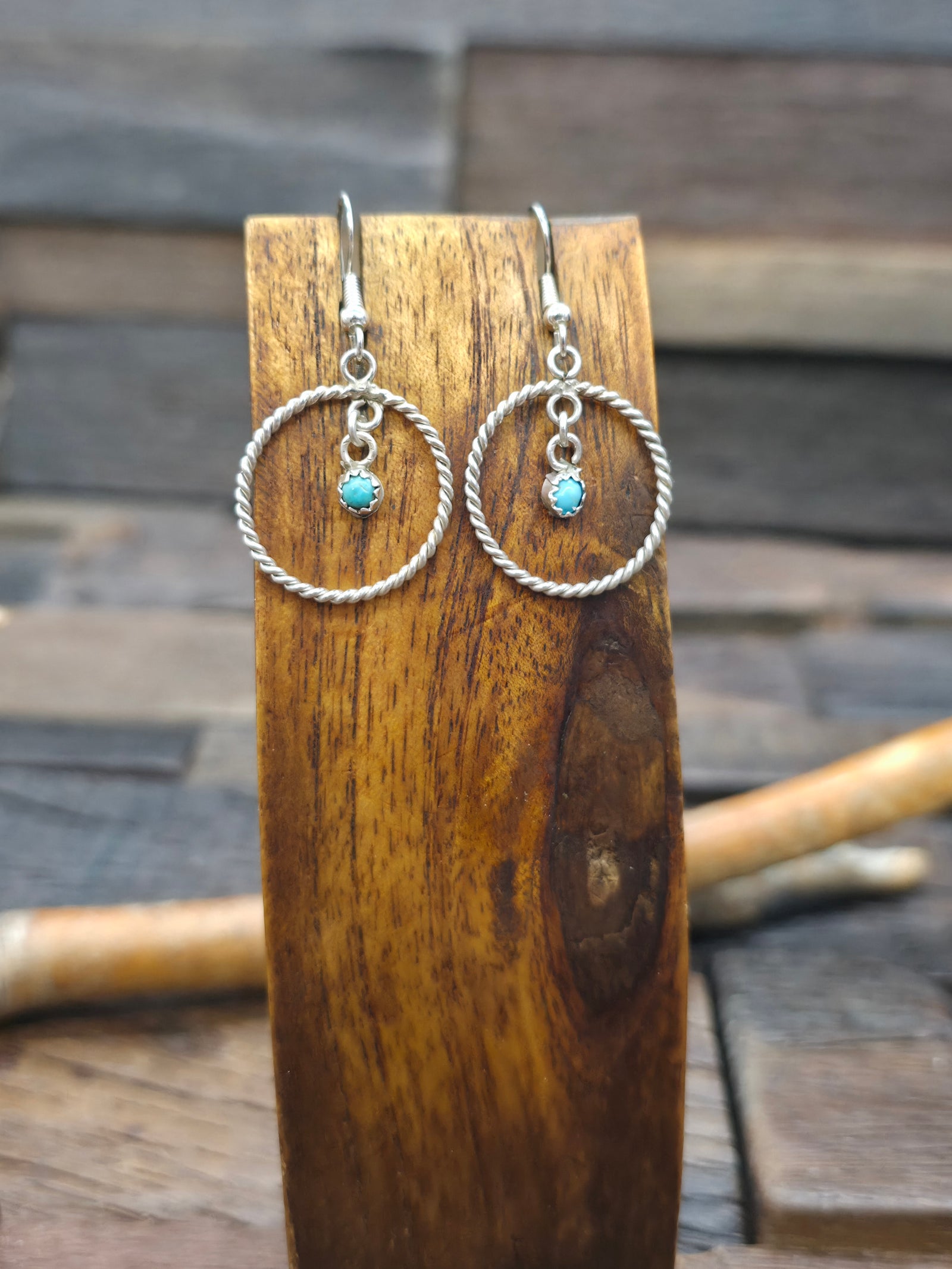 Sterling Silver and Turquoise Small Hanging Hoop Earrings by Sylvia Chee