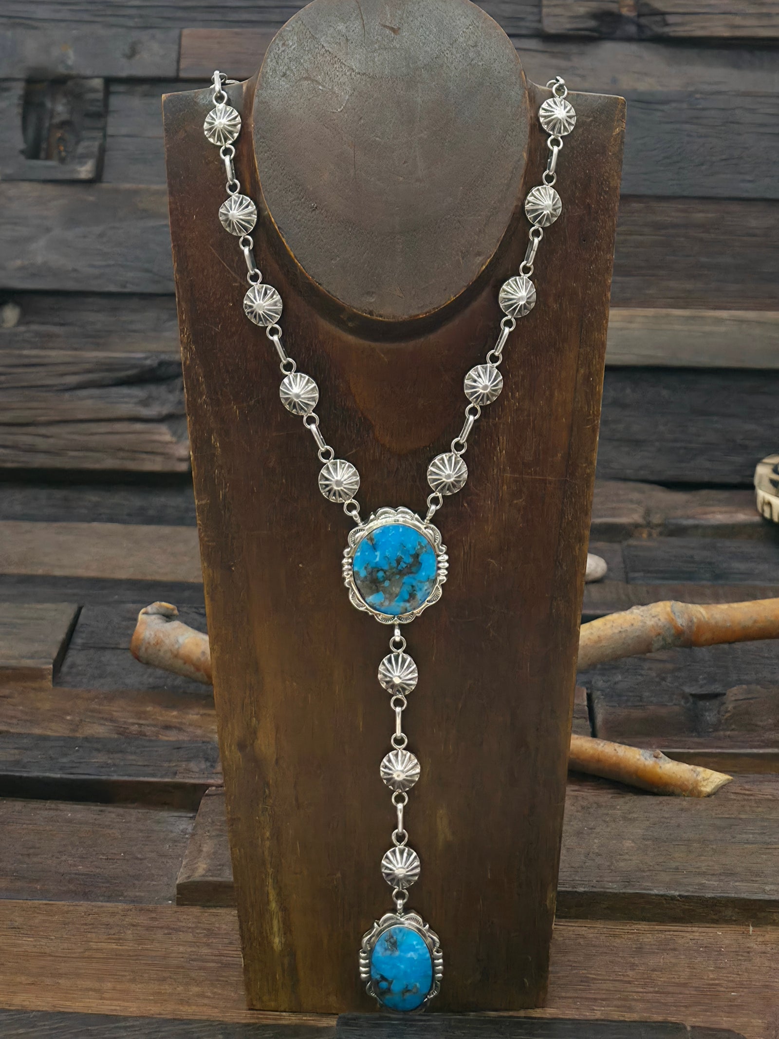 Sterling Silver Turquoise Lariat Necklace by Leona Delgarito - 30 in. with 5 1/2 in. Drop