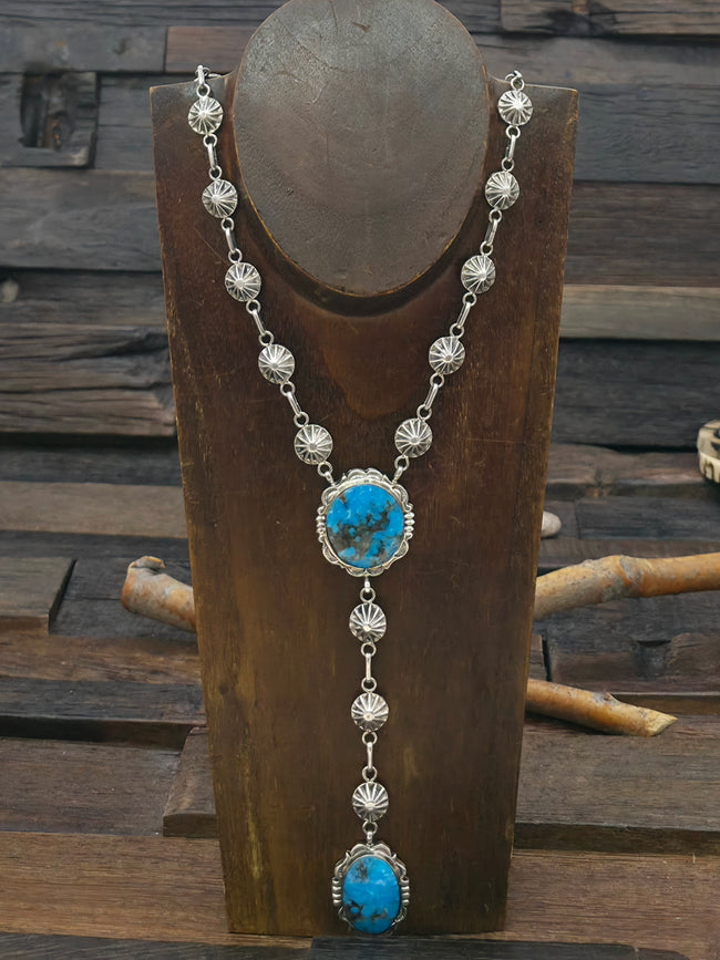Sterling Silver Turquoise Lariat Necklace by Leona Delgarito - 30 in. with 5 1/2 in. Drop