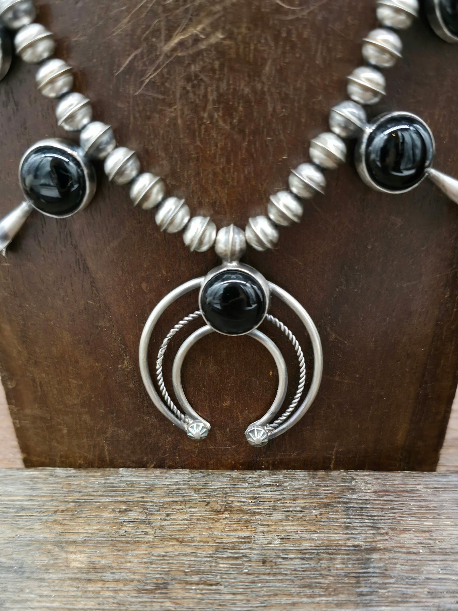 Sterling Silver and Onyx Squash Blossom Necklace and Earring Set by Phil Garcia - 20 in.