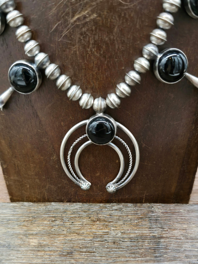 Sterling Silver and Onyx Squash Blossom Necklace and Earring Set by Phil Garcia - 20 in.