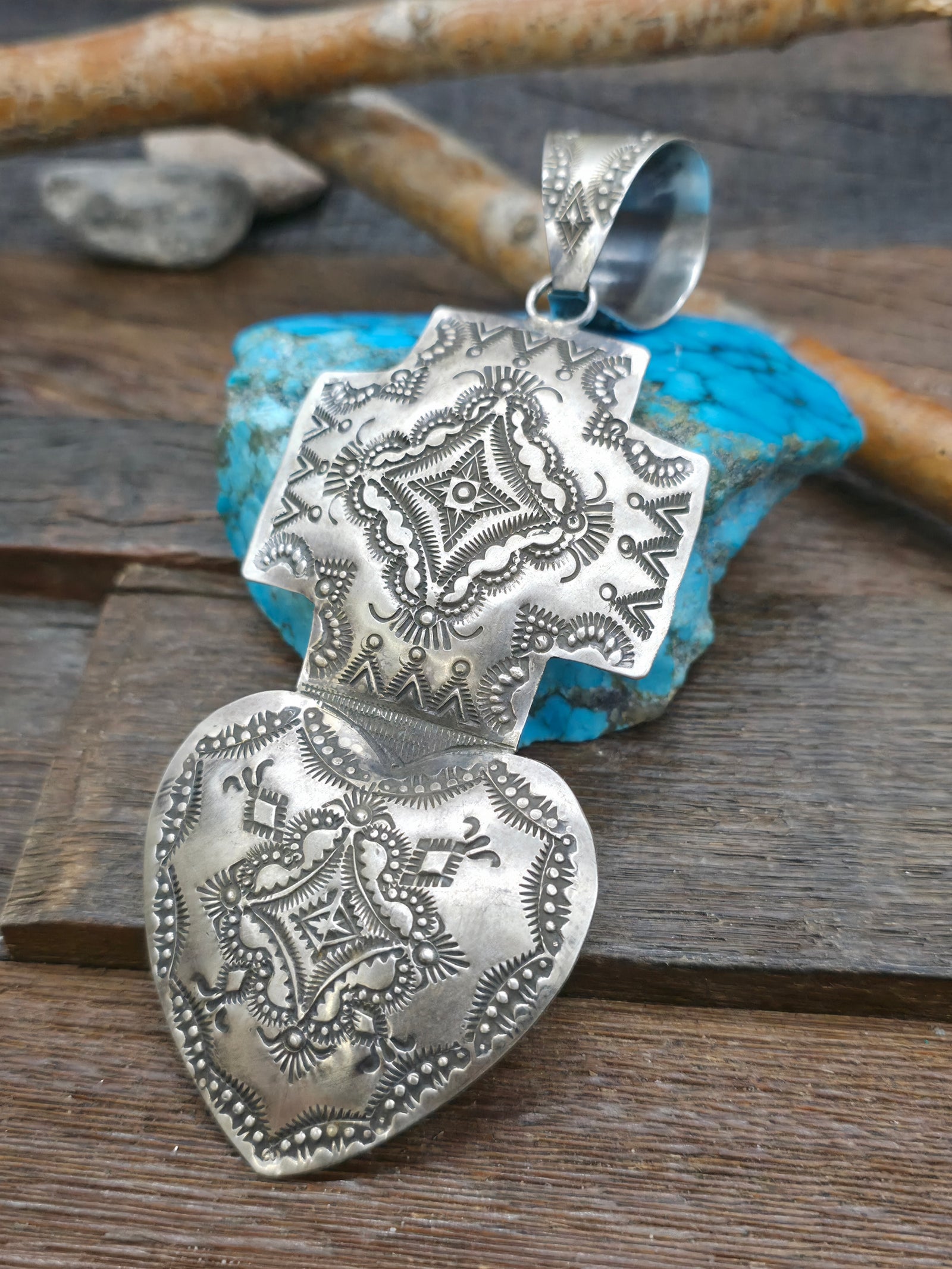 Large Stamped Sterling Silver Sacred Heart Pendant by Vincent Platero - 5 1/4 in. by 2 1/4 in.