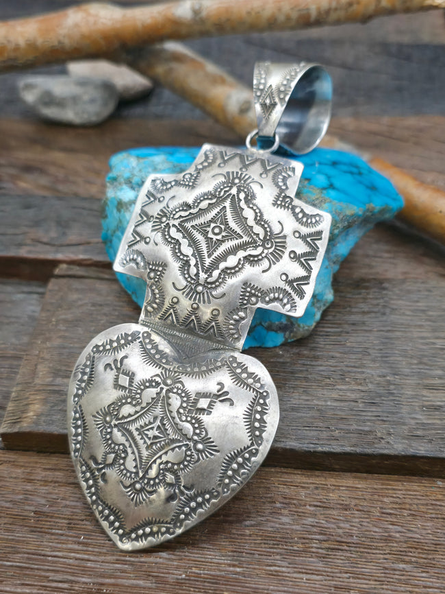 Large Stamped Sterling Silver Sacred Heart Pendant by Vincent Platero - 5 1/4 in. by 2 1/4 in.