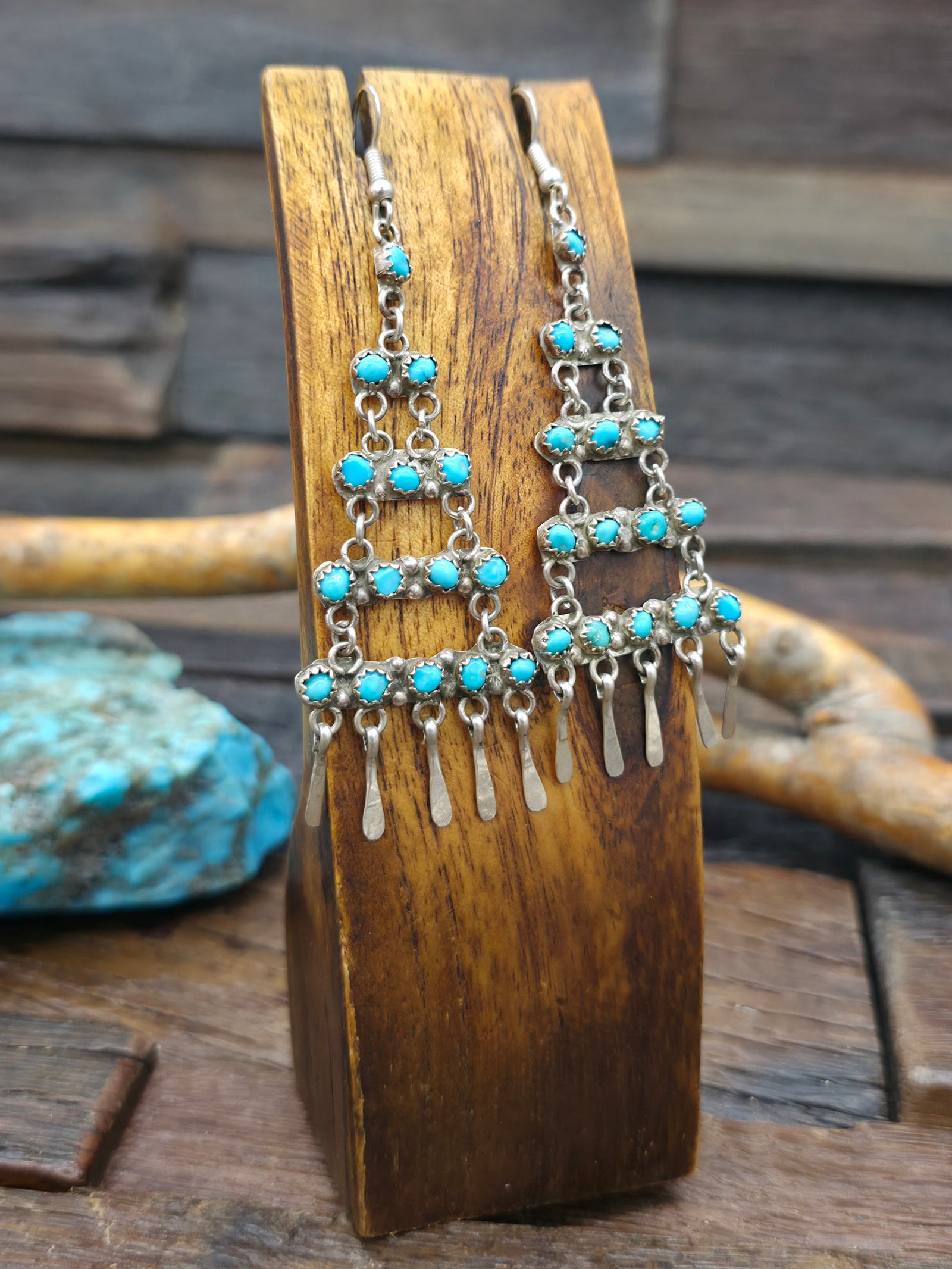 Vintage/Estate Sterling Silver Turquoise Petit Point Chandelier Earrings - 3 1/4 in. by 1 in.