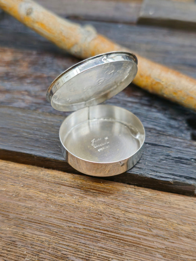 Stamped Sterling Silver Round Pill Case with Turquoise by Jeffrey Castillo