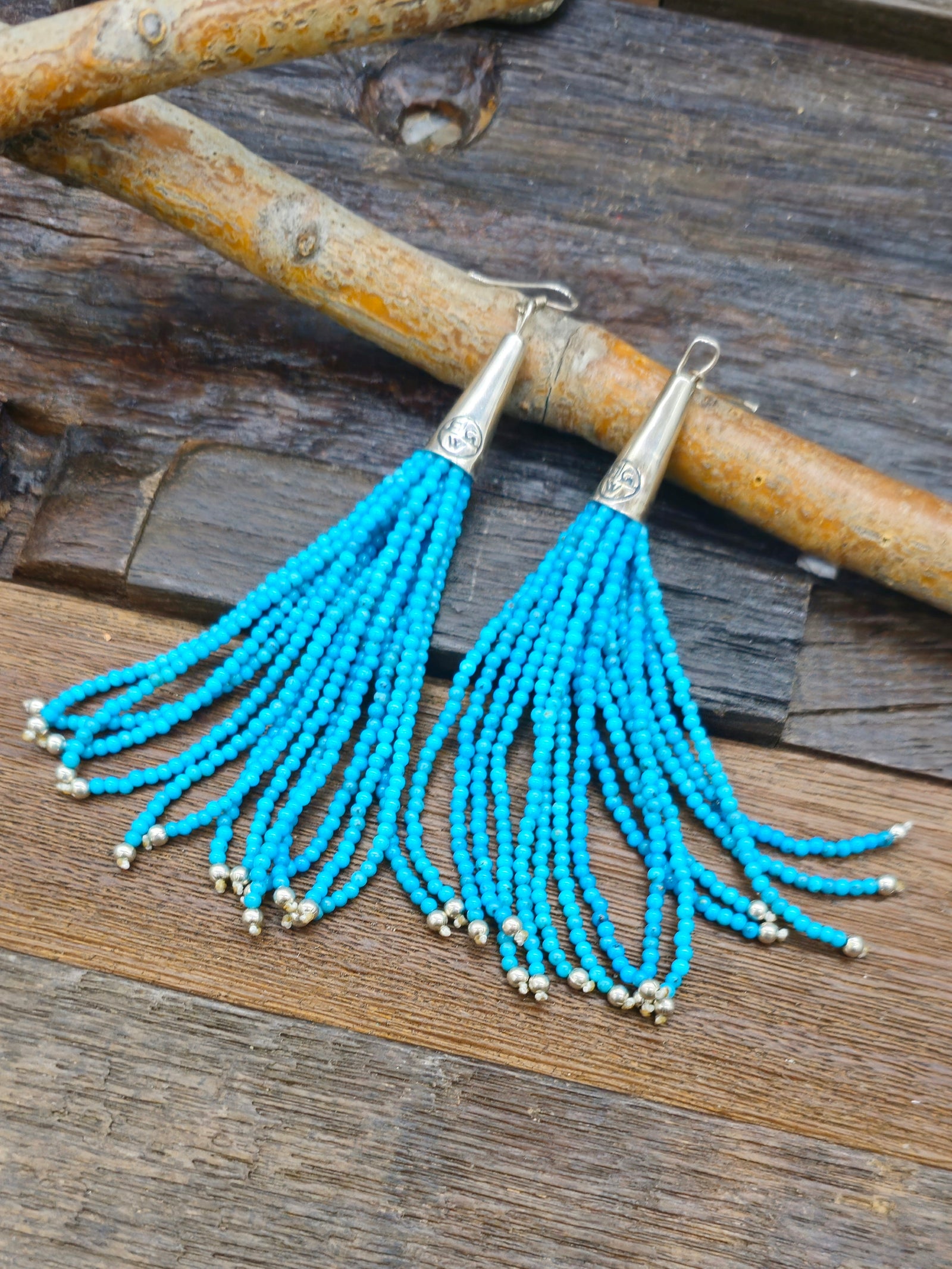 Bright Blue Turquoise Stone Bead Tassel Earrings