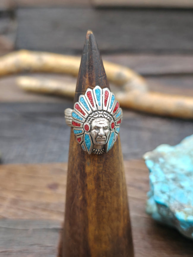 Sterling Silver Turquoise and Coral Chip Inlay Chief Ring - Size 8 - NON NATIVE MADE