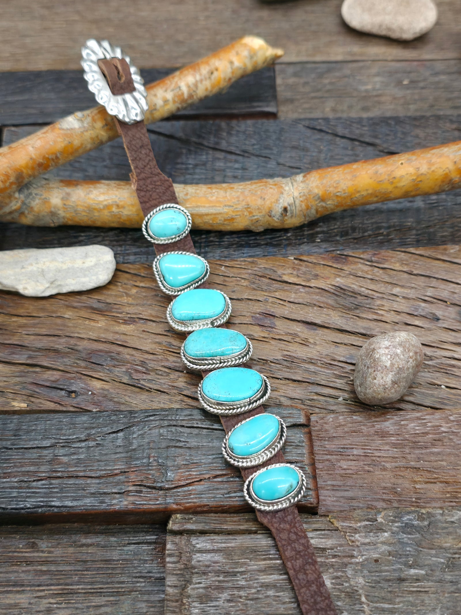 Seven Stone Blue Turquoise Brown Leather Buckle Bracelet - 8 in.