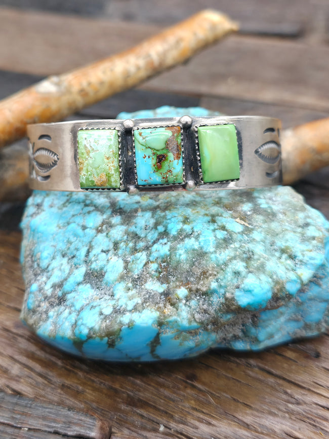 Three Stone Stone Sonoran Turquoise Stamped Sterling Silver Cuff by LaRose Ganadanegro - 7 in. with Gap