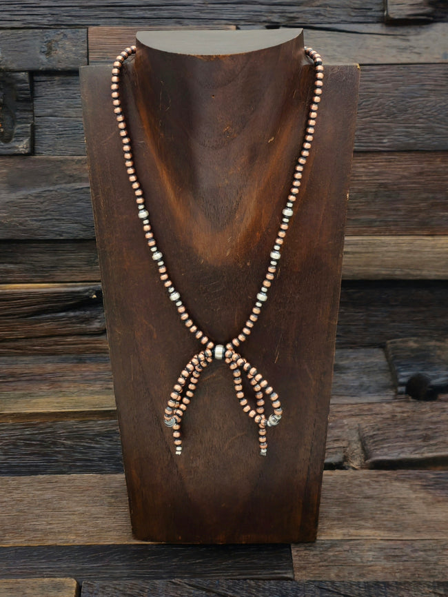 Oxidized Copper Bead Bow Necklace with Sterling Silver 16 in.