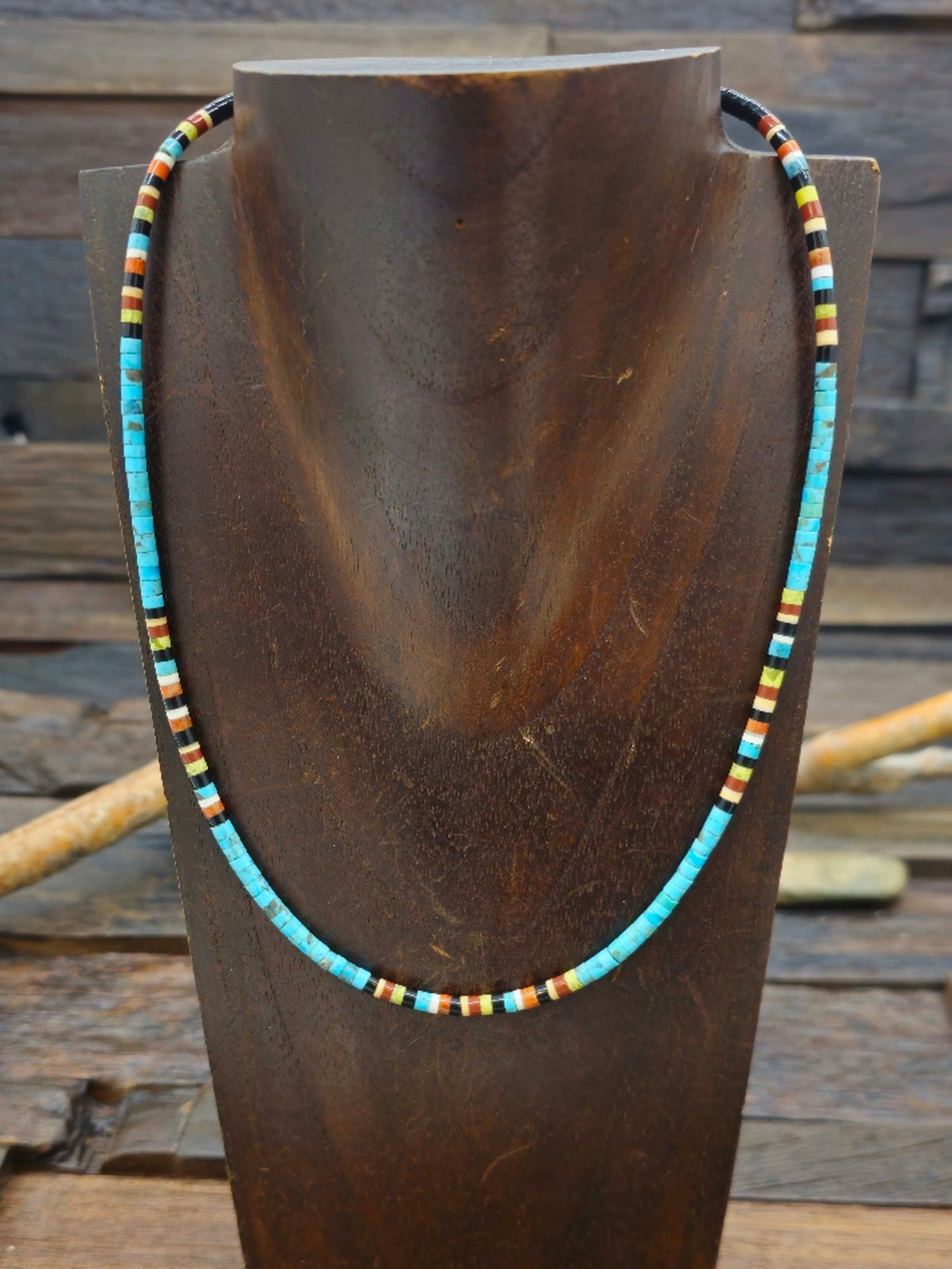 Blue Turquoise, Jet, and Multistone Santo Domingo Necklace by Dorene Calabaza 18 in.