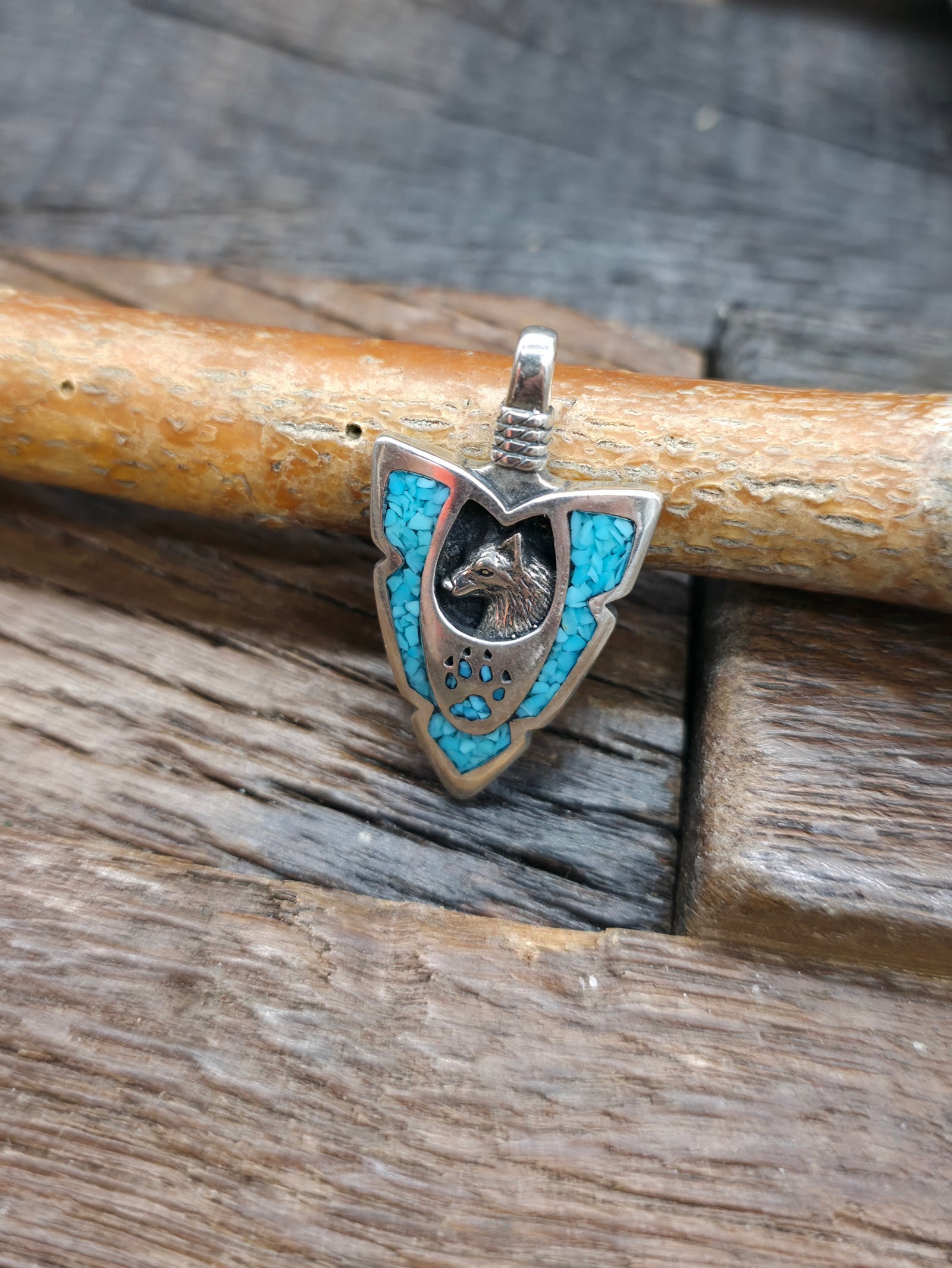 Small Sterling Silver Turquoise Chip Inlay Arrowhead Pendant - Wolf  NON NATIVE MADE - 1 1/4 in. by 3/4 in.