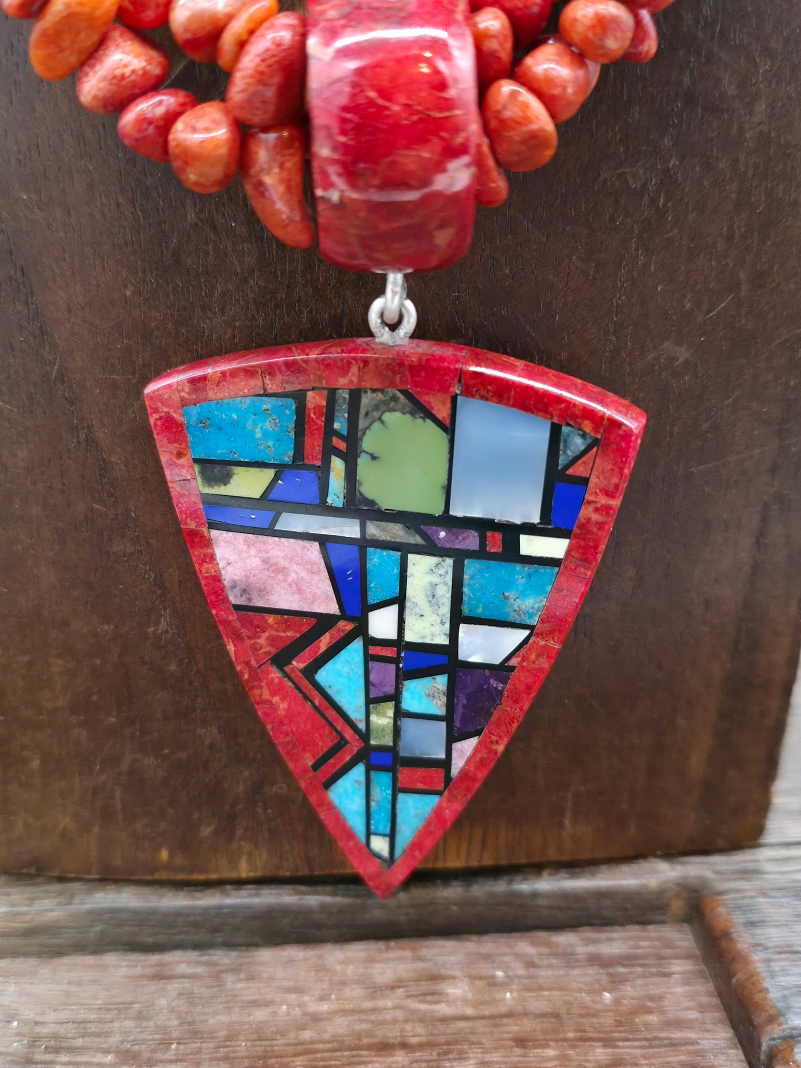 Three Strand Apple Coral and Multi Stone Necklace with Mosaic Inlay Pendant by Chris Nieto - 18 in.
