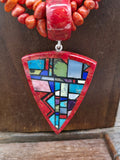 Three Strand Apple Coral and Multi Stone Necklace with Mosaic Inlay Pendant by Chris Nieto - 18 in.