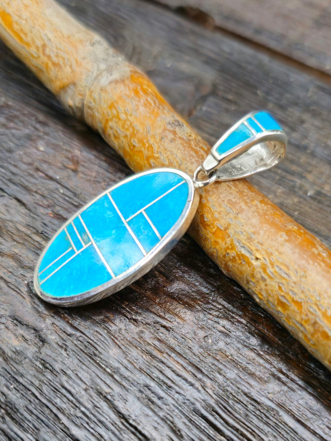 Blue Turquoise Sterling Silver Inlay Pendant