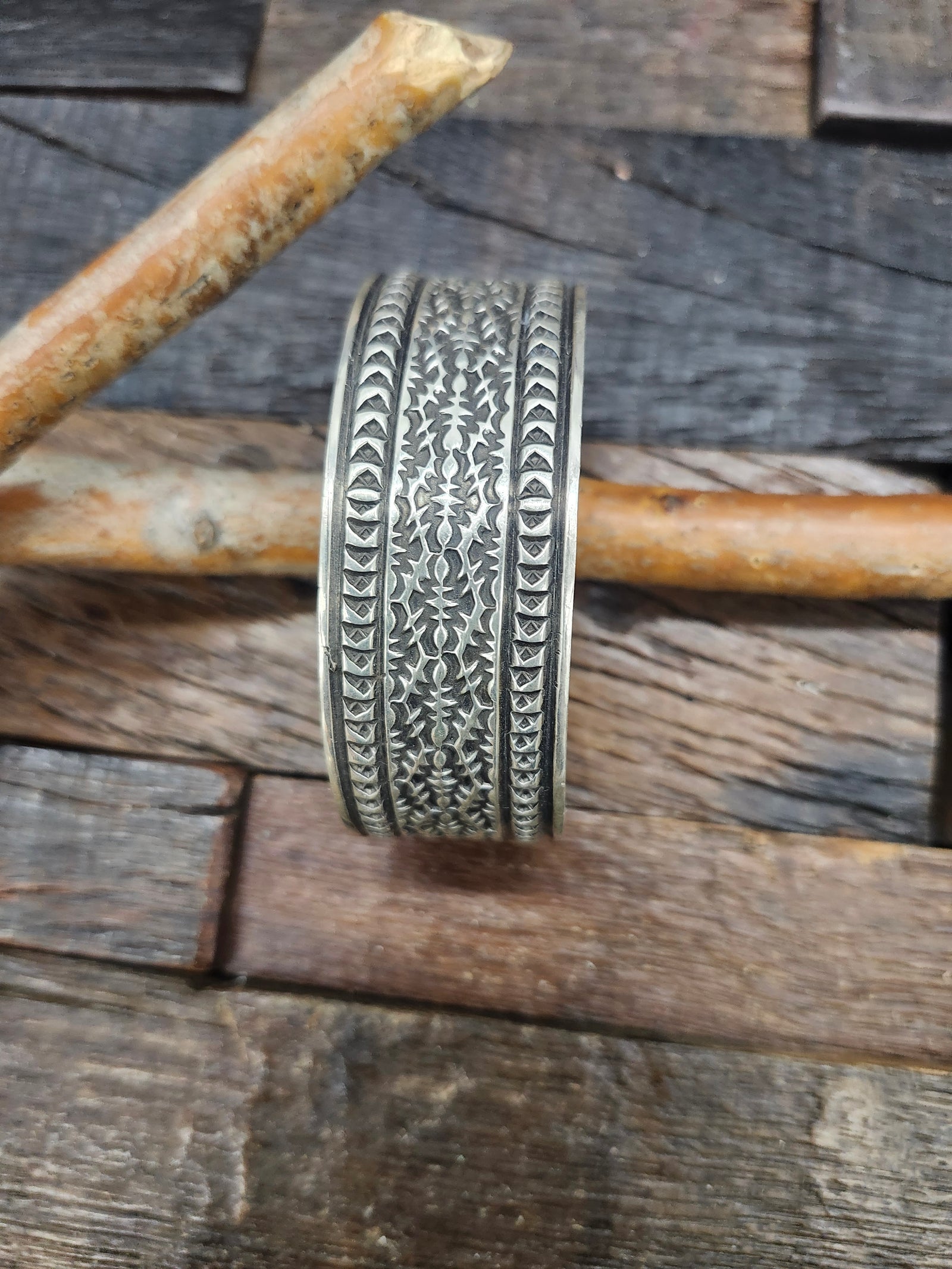 Sterling Silver Stamped Bracelet by Sunshine Reeves 7 1/4" w/ 1 1/4" opening