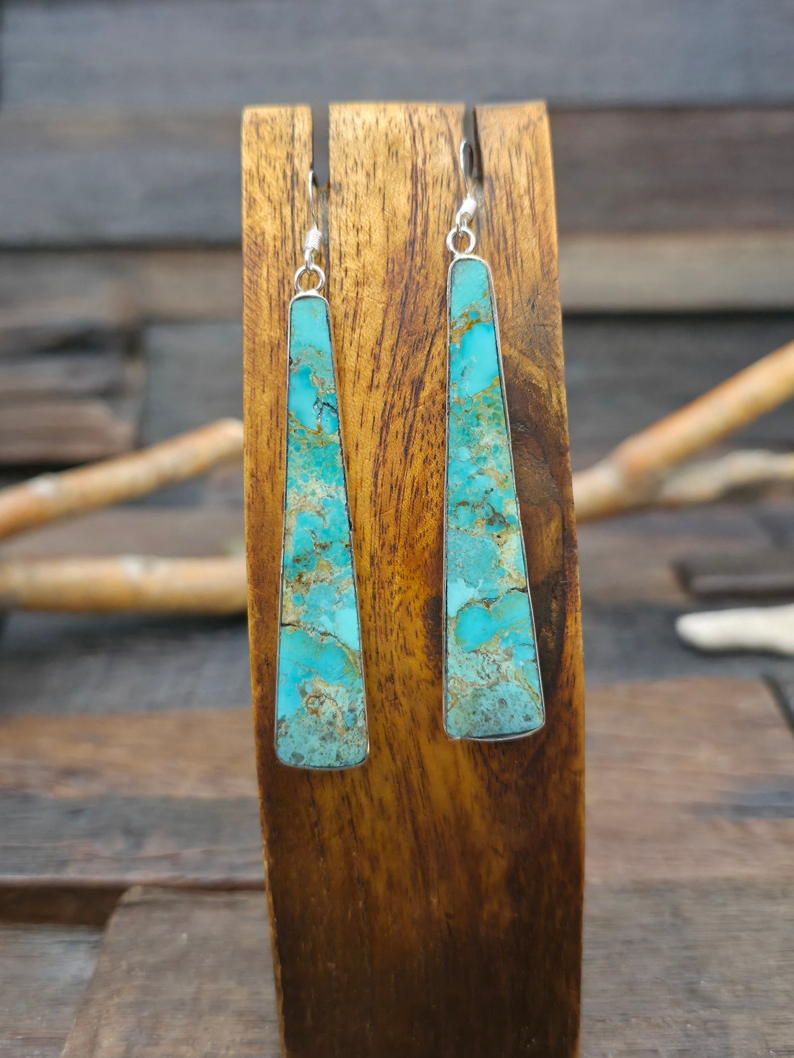 Long Turquoise Slab Earrings with Sterling Silver by Veronica Tortalita