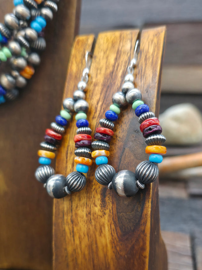 Five Strand Sterling Silver and Mixed Stone Bead necklace and Earring Set by Geneva Apachito - 20 in. plus 3 1/2 in. Extender