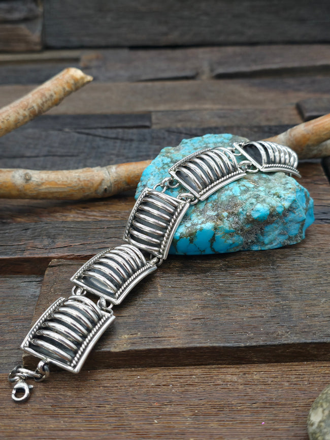 Wide Sterling Silver Link Bracelet by Thomas Charley - 10 in.