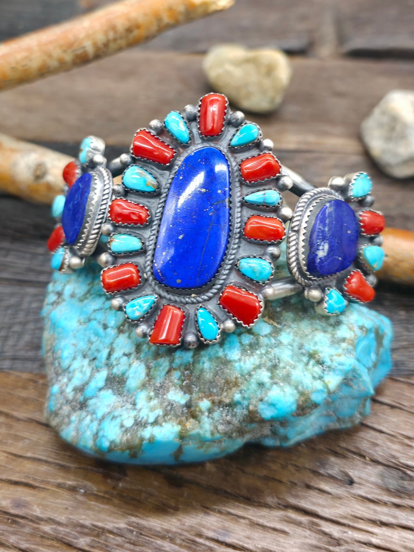 Sterling Silver Lapis, Coral, and Blue Gem Turquoise Cluster Cuff by LaRose Ganadanegro - 6 1/2 in. with Gap