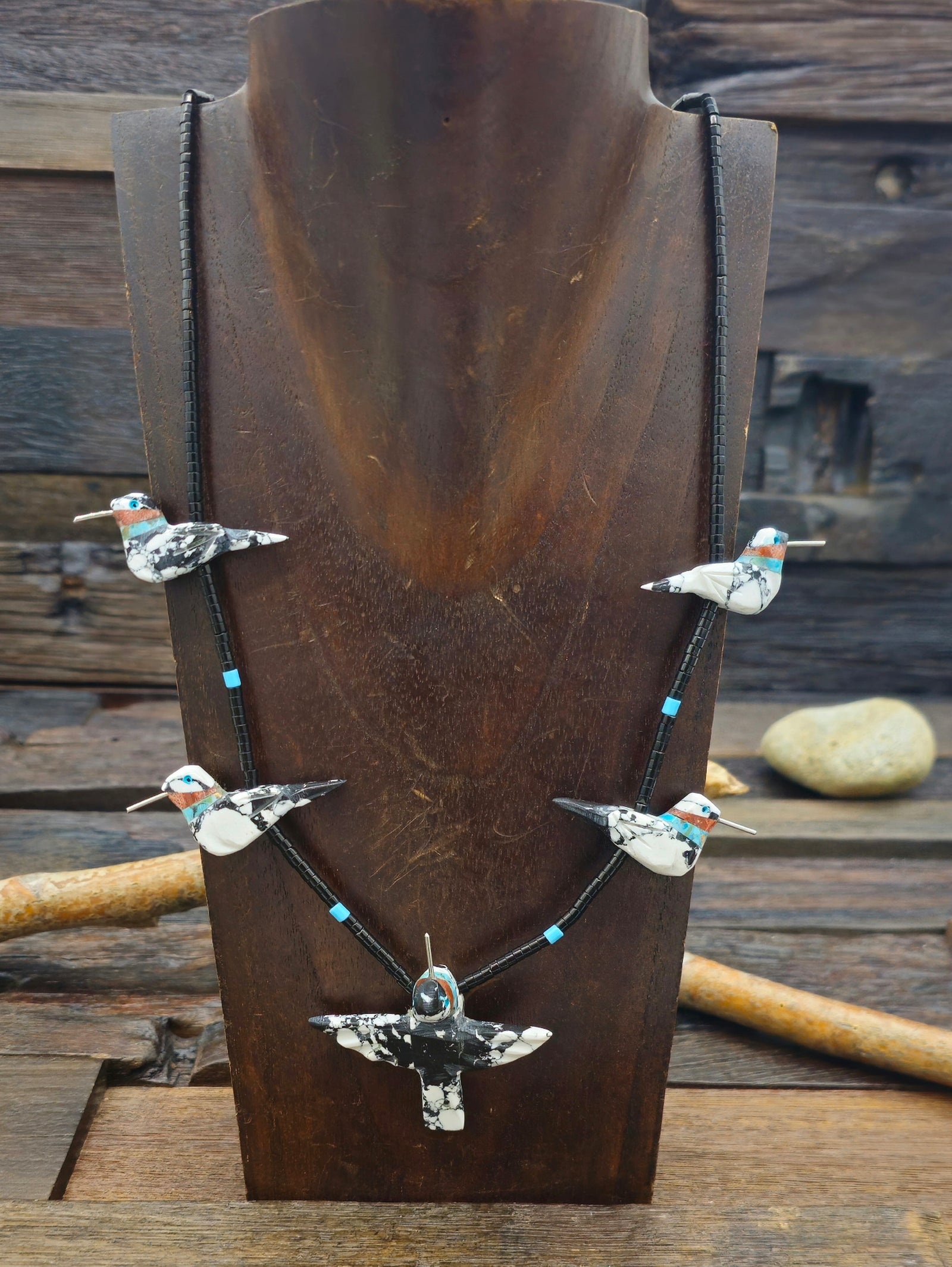 White Buffalo Five Hummingbird Necklace with Jet Heishi by Matt Mitchell - 24 in.