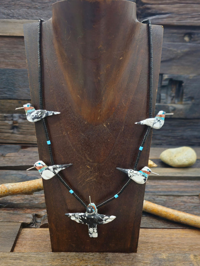 White Buffalo Five Hummingbird Necklace with Jet Heishi by Matt Mitchell - 24 in.