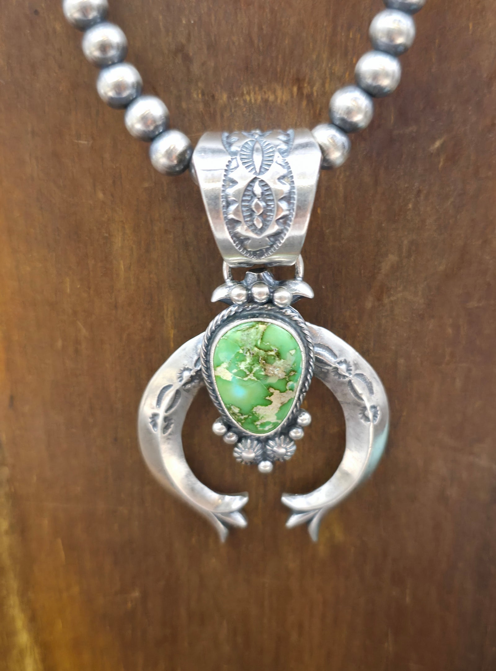Blue/Green Sonoran Turquoise Naja on Oxidized Sterling Silver Bead Necklace by Samuel Yellowhair - 18 in.